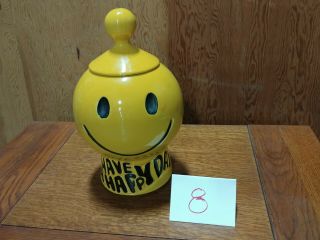 Vintage Mccoy Yellow " Have A Happy Day " Smiley Face Cookie Jar