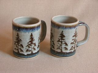 Potterybydave - Set Of 2 - Straight Mugs - Tan With Pine Trees