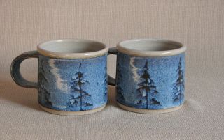Potterybydave - Set Of 2 - Camp Mugs - Blue With Pine Trees