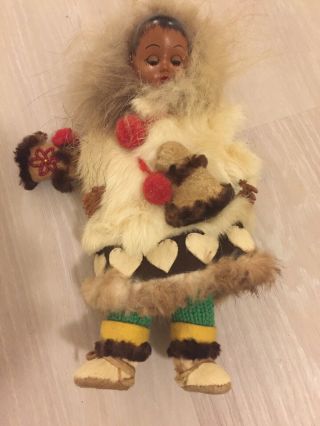 Vintage Inuit Native American Eskimo Doll Fur Coat 10.  5” Tall Rolling Eyes