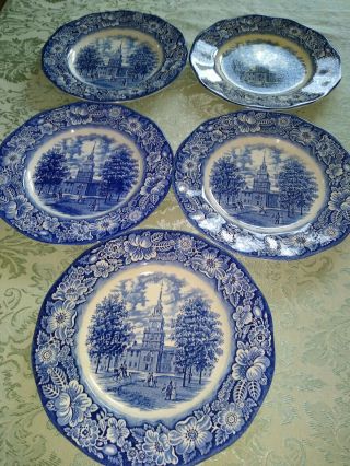 5 Staffordshire England Liberty Blue Independence Hall 10 " Dinner Plate