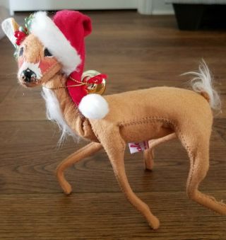 Annalee 1992 Adorable Christmas Tan Deer With Santa Hat And Bell 8 In Pre Owned