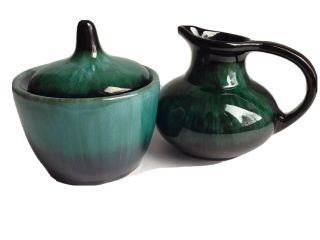 Blue Mountain Pottery Green Lidded Sugar Bowl And Creamer Set