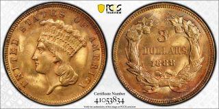 1888 Pcgs & Cac Ms64 $3 Gold Indian Princess