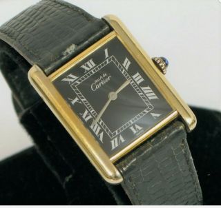 Vintage Cartier 18k Yellow Gold Vermeil Blue Cabochon Crown Black Tank Watch