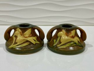 vintage ROSEVILLE candlestick holders (pair) Zephyr Lily brown/yellow 2