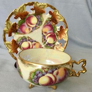 Vintage Royal Sealy 3 Footed Tea Cup & Saucer Lustreware Reticulated Peaches