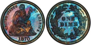 1870 10c Proof Seated Liberty Dime Pcgs Pr - 66 Gorgeous Color Both Sides