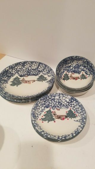 Folk Craft Cabin In The Snow 4 Place Setting,  Plate Desert Plate.  Bowl