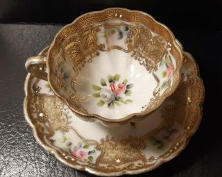 Hand Painted Roses & Beaded Nippon Gold Filigree Footed China Tea Cup & Saucer