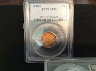1856 - S Pcgs Vf35 $3 Gold Indian Princess Rare Key Date