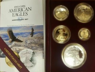 1995 - W American Eagle 10th Anniversary 5 Gold & Silver Proof Set Box &