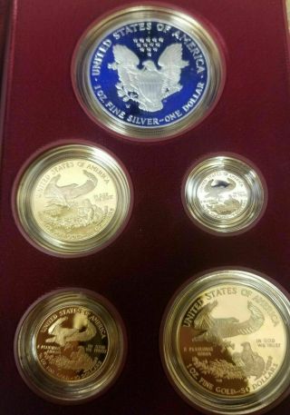1995 - W American Eagle 10th Anniversary 5 Gold & Silver Proof Set Box & 2