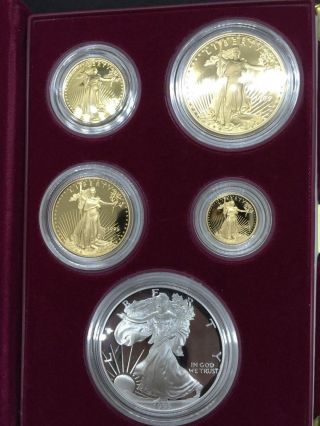 1995 - W American Eagle 10th Anniversary 5 Gold & Silver Proof Set Box & 3