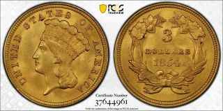 1854 $3 Three Dollar Gold Princess Type Coin Pcgs Ms64 Gold Shield