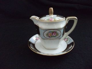 Painted Nippon 3pc Syrup Pitcher Noritake Pink Roses Blue,  Black Rectangles