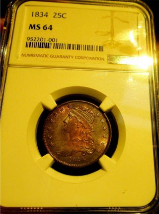 1834 CAPPED BUST QUARTER,  CERTIFIED NGC MS - 64, 2