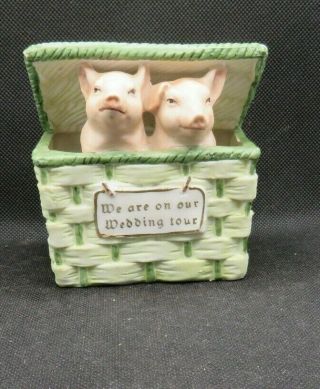 Vintage German Pink Pig Two Pigs In Basket We Are On Our Wedding Tour