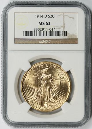 1914 - D Saint Gaudens Double Eagle Gold $20 Ms 63 Ngc