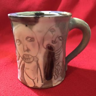 Unique Hand Thrown Studio Pottery Mug Cup Abstract Faces Handmade