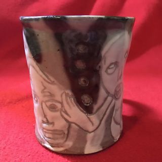 Unique Hand Thrown Studio Pottery Mug Cup Abstract Faces Handmade 2