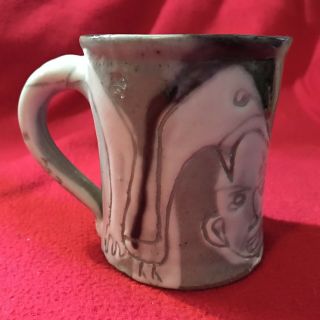 Unique Hand Thrown Studio Pottery Mug Cup Abstract Faces Handmade 3