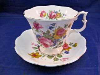 Royal Albert Vintage Tea Cup And Saucer - Pink Roses And Yellow Flowers England