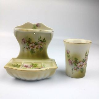 Nippon Hand Painted Green And Pink Floral Porcelain Toothbrush/soap Holder & Cup