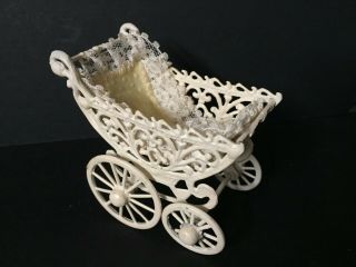 Vintage White Cast Iron Metal Toy Doll Baby Carriage Buggy Pram Miniature