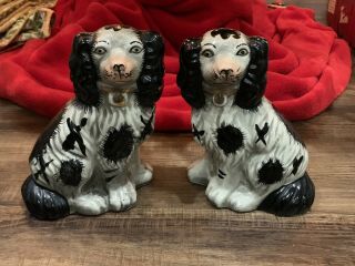 Vintage Pair 7” Staffordshire Spaniel Dogs Figurines,  Black & White Exc.  Cond.