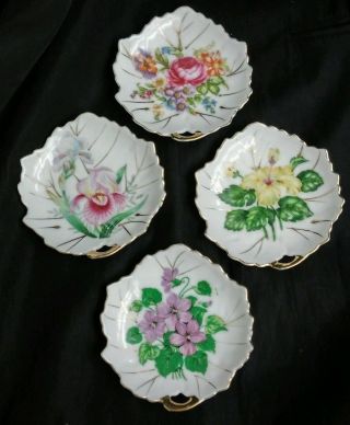 Set Of 4 Vintage Small Leaf Plates Dish Gold Rim Flower Nasco Japan Tea Bag Rest