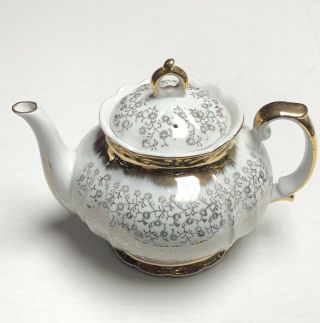 Vintage Sterling China Teapot Gold & White With Rose Pattern