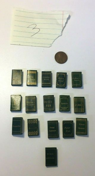 Miniature Dollhouse 16 Faux Finely Bound Books With Titles 1:12 Green
