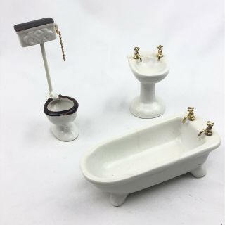 Vintage Dollhouse Miniatures Porcelain Bathtub Sink And Toilet