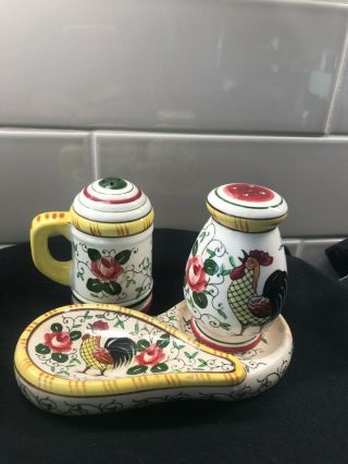 Hand Painted Py Rooster And Roses Salt And Pepper Shaker Matching Spoon Rest
