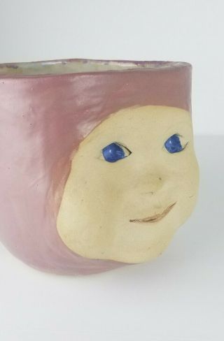 Art Studio Pottery Child Face Vase Planter Signed Hibiscus Unusual Blue Eyes