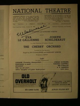 1944 Eva Le Gallienne The Cherry Orchard Signed National Theatre Playbill 583e
