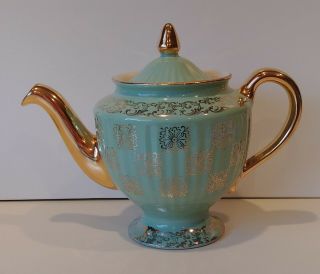 Vintage Rare Hall Gold Green Floral 6 Cup China Teapot 091gl
