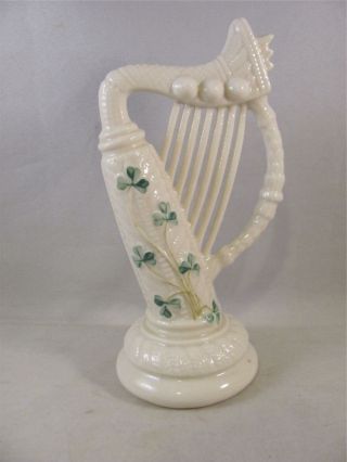 Antique Vintage Belleek Ireland Harp Figure Figurine Shamrock Green Mark 7 In