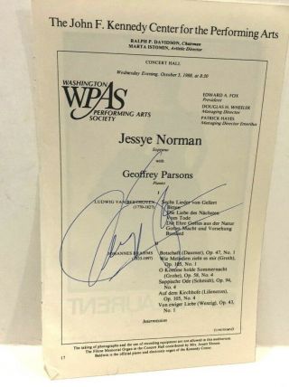 1988 Jessye Norman Autographed Program Page,  Kennedy Center For The Arts