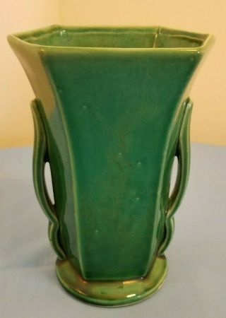 Vintage Mccoy Pottery Vase W/two Handles Green Fluted 8 ¼ Inches Tall Hexagon