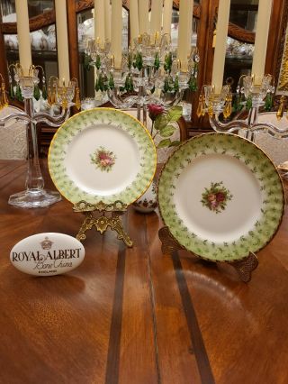Royal Albert Old Country Roses Set Of 2 Green Accent Salad Plates Rare