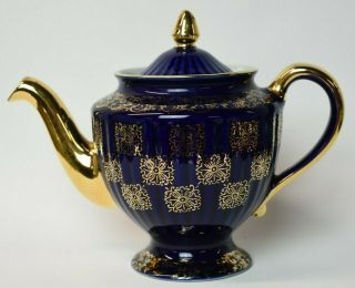 Vintage Hall Cobalt Blue & Checker Gold Filigree Teapot 6 Cup 083 Gl