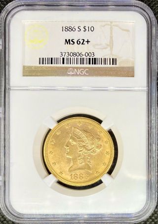 1886 - S • $10 American Gold Eagle Liberty Head • Ngc Ms62,  • Lustrous Pre33 Coin