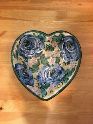 Lesal Ceramics Heart Shaped Hand Crafted Bowl Blue Pink White Floral Design