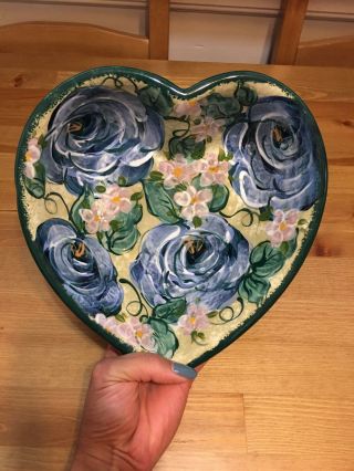 LESAL CERAMICS Heart Shaped Hand Crafted Bowl Blue Pink White Floral Design 2