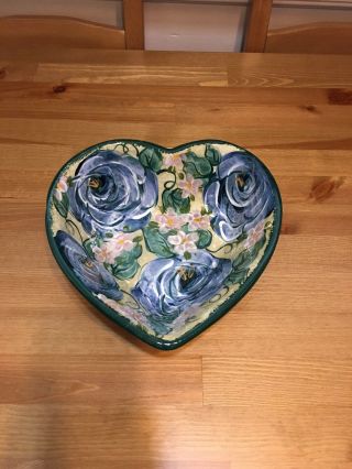 LESAL CERAMICS Heart Shaped Hand Crafted Bowl Blue Pink White Floral Design 3