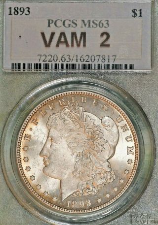 1893 $1 Morgan Pcgs Ms63,  Gold Toning Around Obverse Rim Key Date Gem Vam - 2