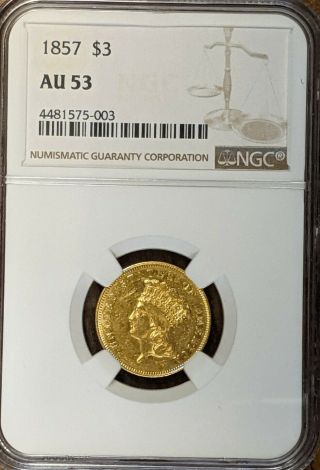 1857 $3 Dollar Indian Princess Head Gold Coin Ngc Au 53 - Date