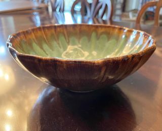 Hand Made Glazed Pottery Bowl Green Brown Drip Crackle Glaze Display 10 "